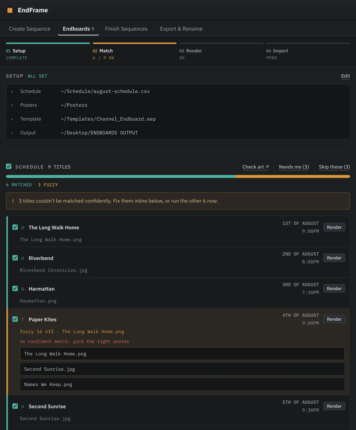 The EndFrame panel matching a schedule to its key art.