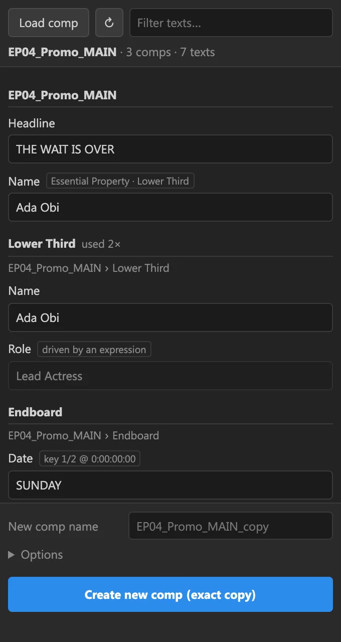 The Deep Dupe panel in After Effects, listing the text in a comp and its nested comps before making an independent copy.