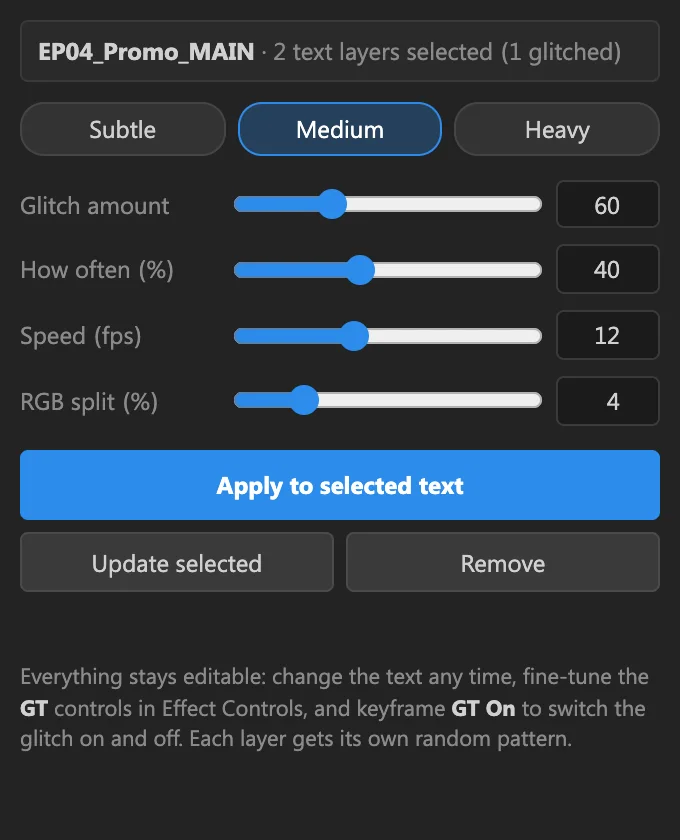 The Glitch Text panel: Subtle, Medium or Heavy, with sliders for amount, frequency, speed and colour split.