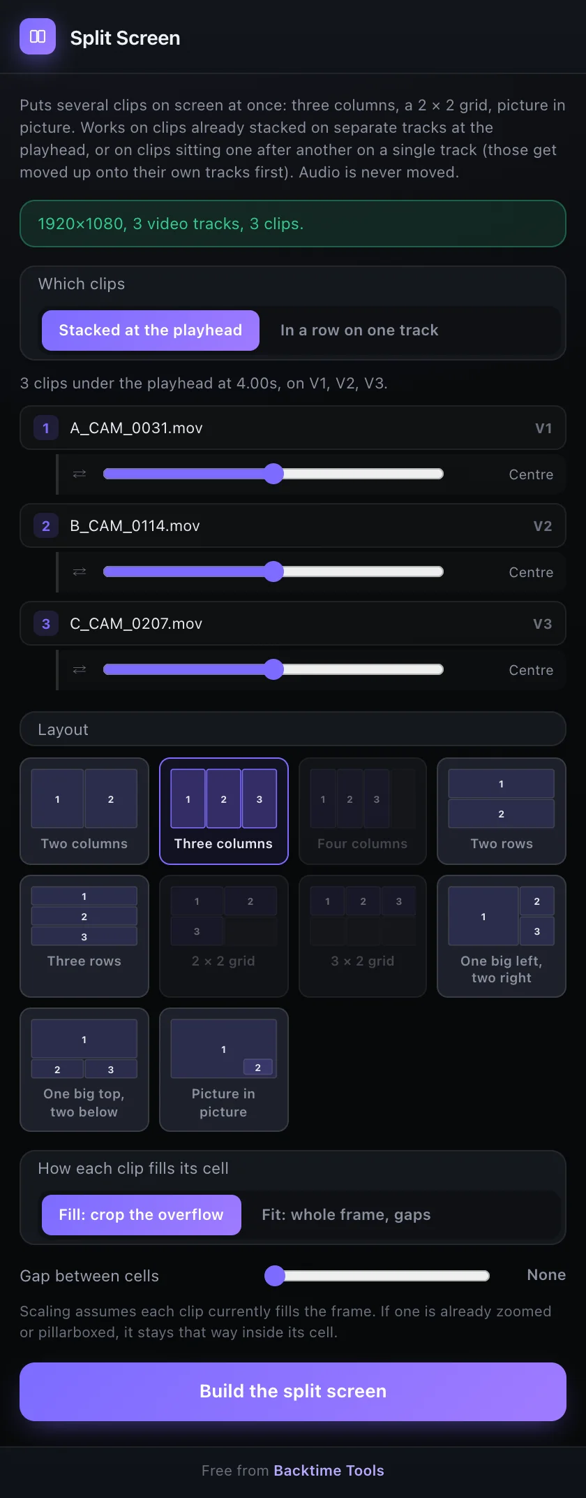 The Split Screen panel in Premiere Pro: three clips under the playhead, the Three columns layout picked, Fill chosen, and the Build the split screen button.