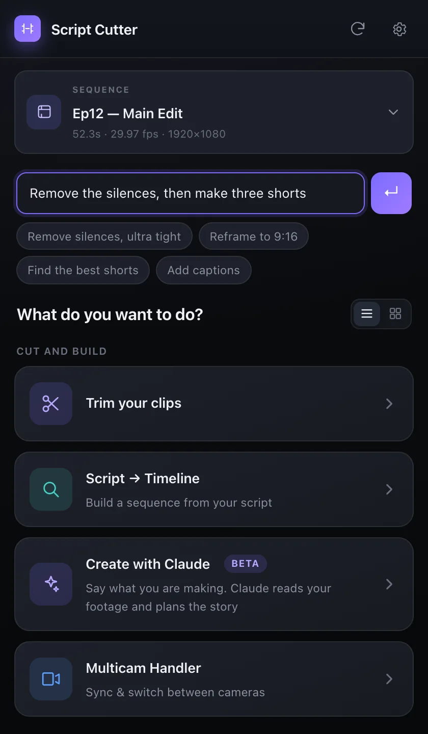 The box at the top of Script Cutter with a request typed in: remove the silences, then make three shorts.
